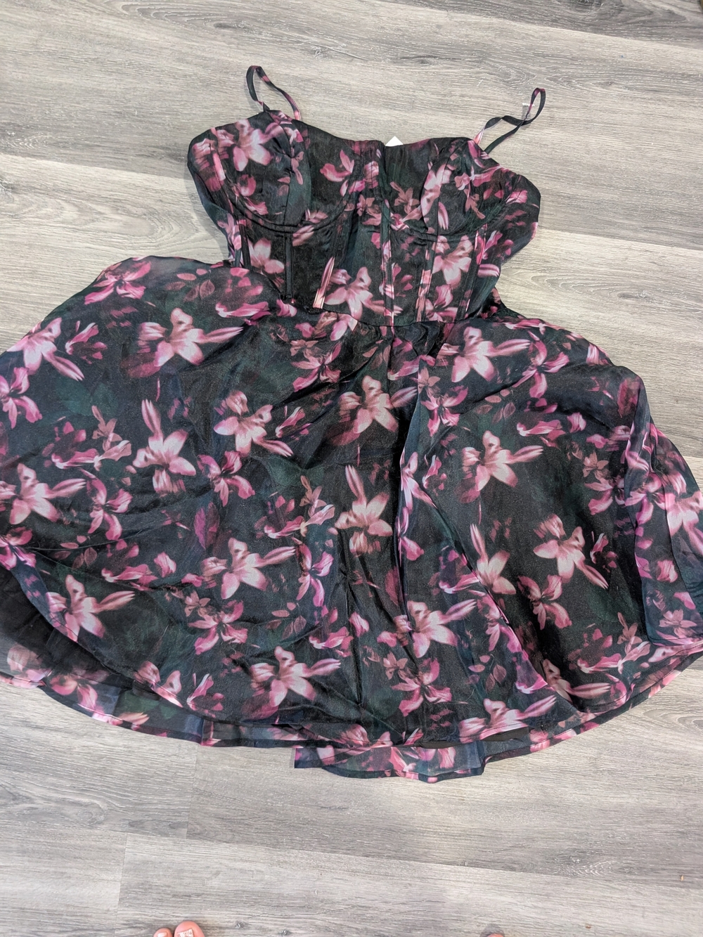 Black Floral Party Dress Top with Pink Bloom Print